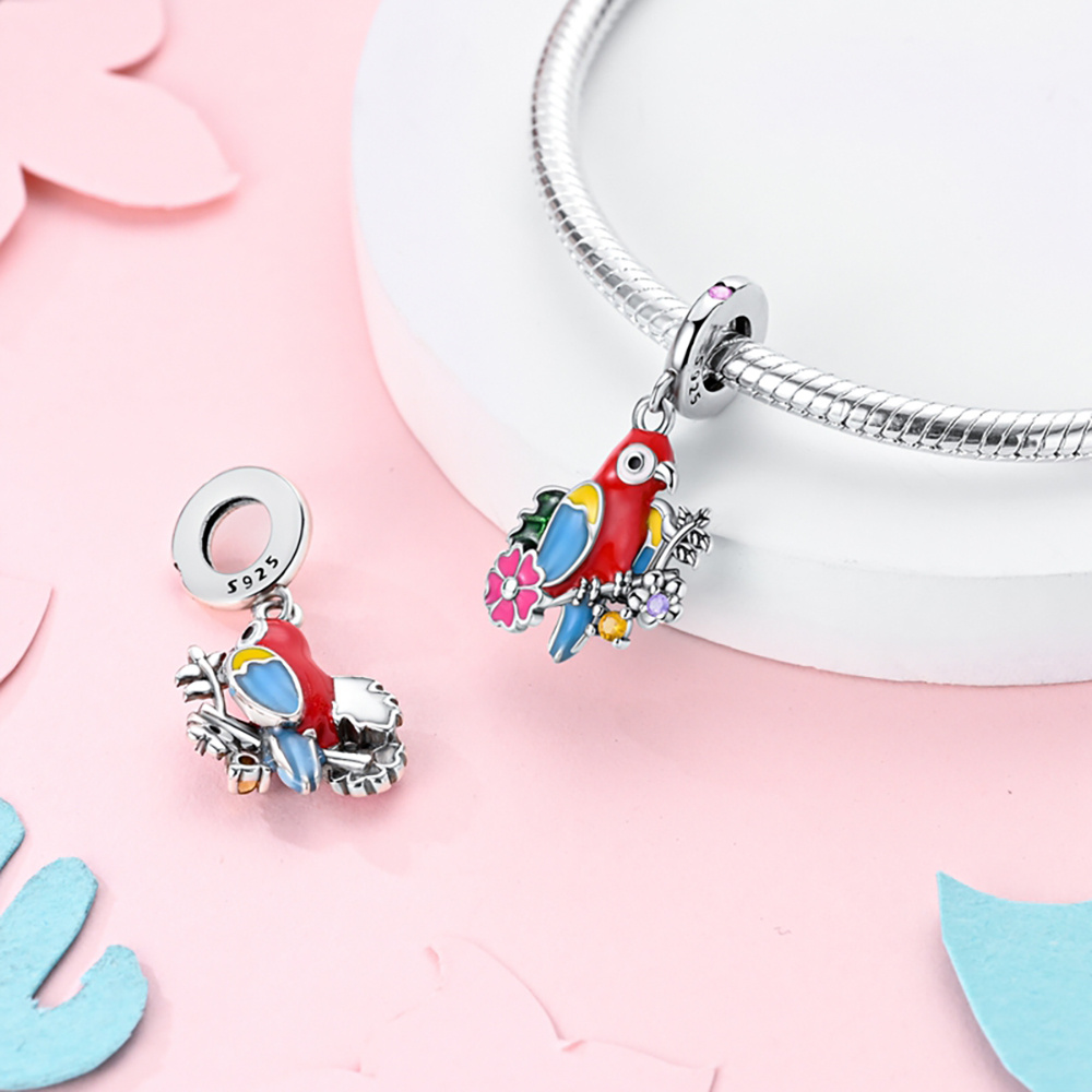 925 Silver Colorful Parrot Pendant Bead for Jewelry Making